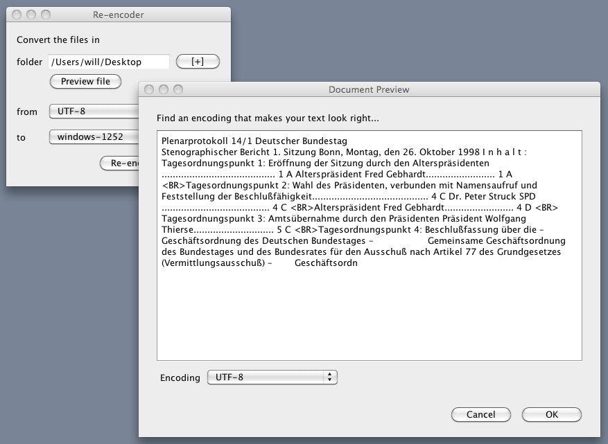 screenshot of Re-encoder with previewed document, on a Mac